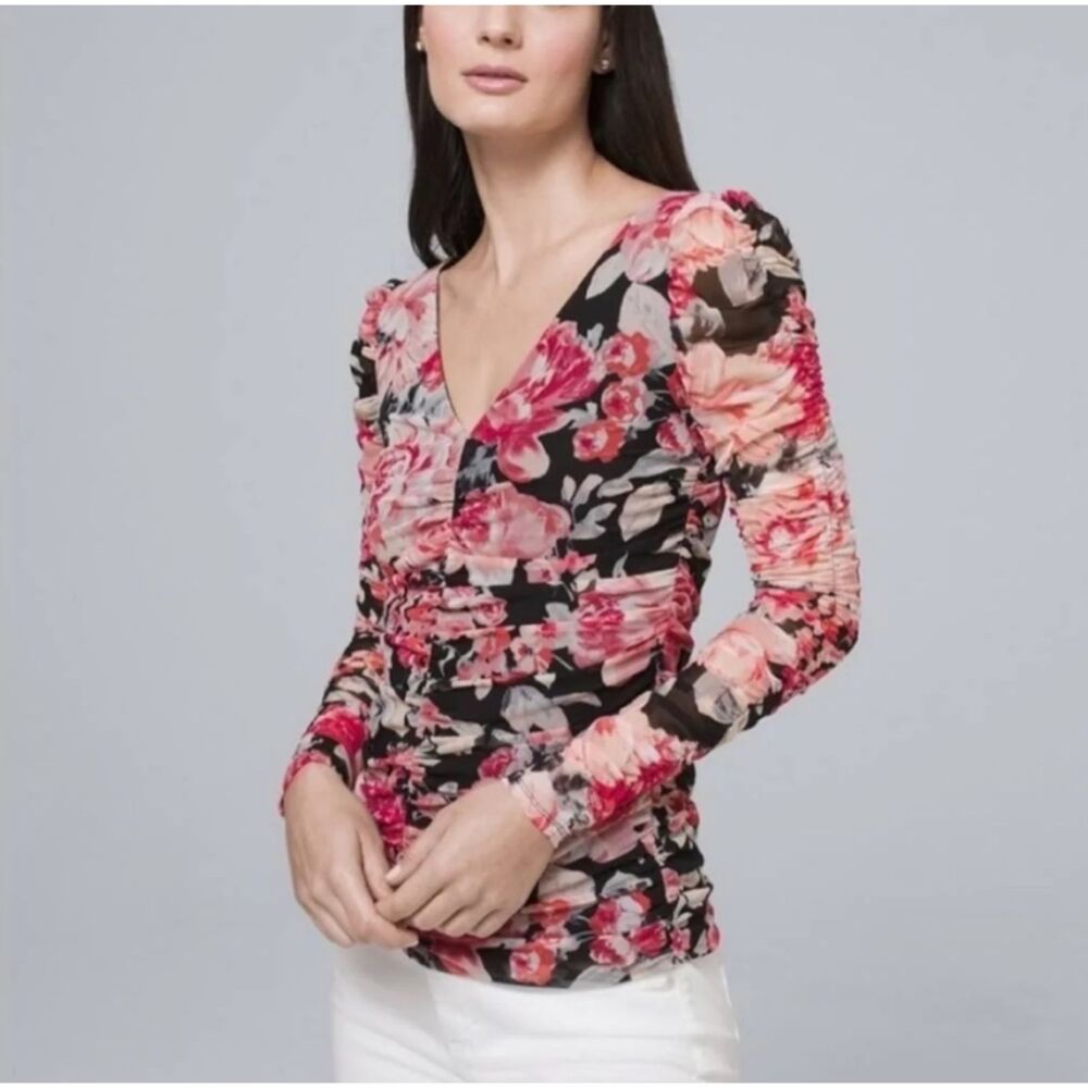 White House Black Market Coquette Floral Dainty Sheer Blouse Top, Sz Medium
